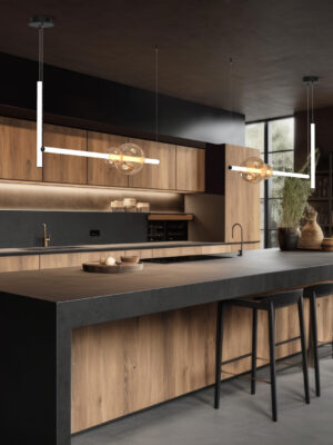 A harmonious blend of wood, metal, and concrete kitchen interior. AI generated