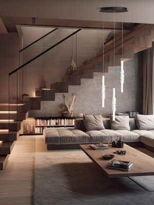 Living room with large windows in a modern style.