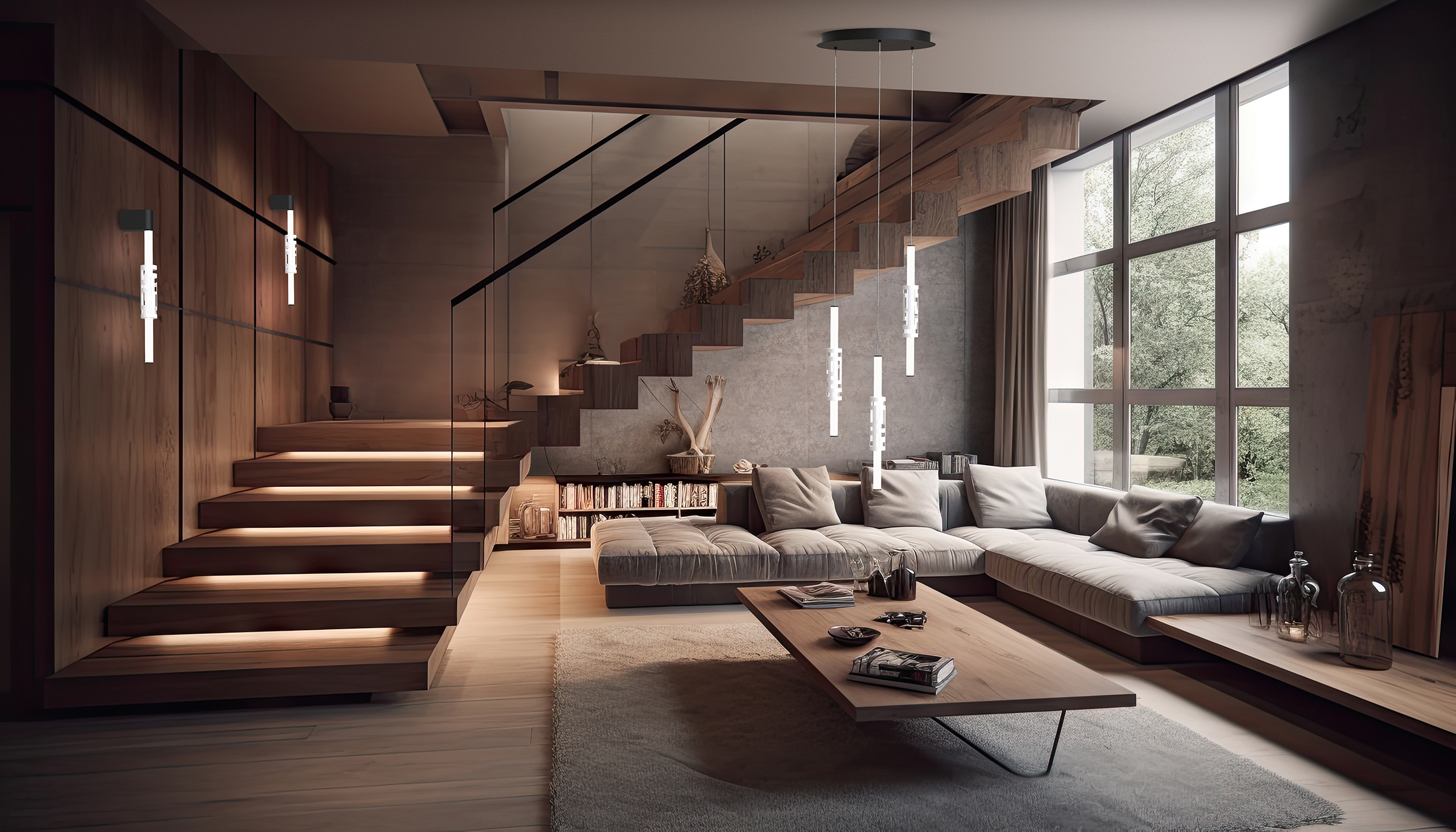 Living room with large windows in a modern style.